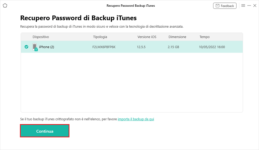 Clicca Inizia per recuperare la password di backup iPhone