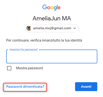 Fare clic sulla password dimenticata