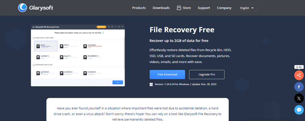 Interfaccia del sito Web di Glarysoft File Recovery