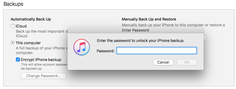 inserisci la password per sbloccare il backup del tuo iphone