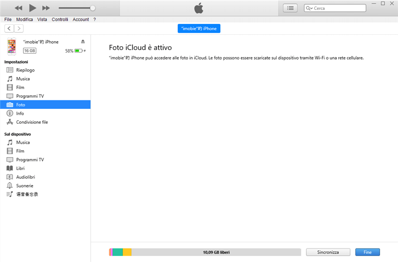 iTunes non può sincronizzare se la libreria foto di iCloud è attiva