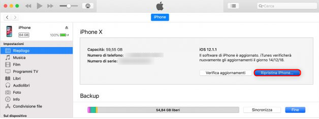Ripristina iPhone tramite iTunes