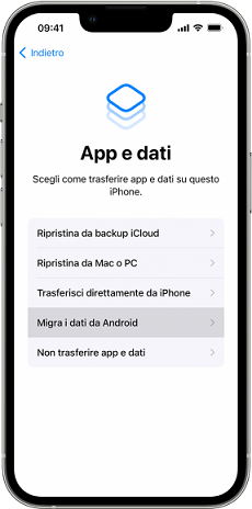 Scegli Migra i dati da Android