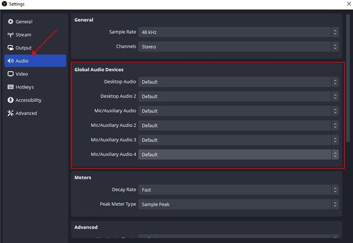 Impostazioni di registrazione audio OBS