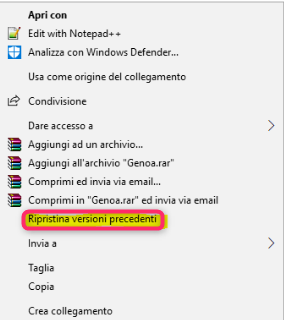 Seleziona Ripristina Versioni Precedenti