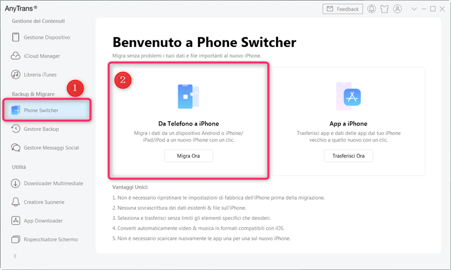 Scegli da Telefono a iPhone con Phone Switcher