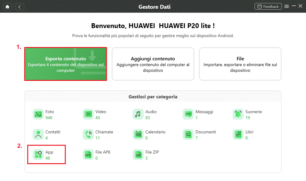 Seleziona Esporta contenuto e segli App