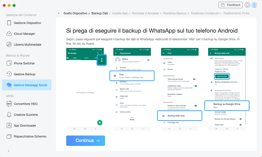Backup dei messaggi WhatsApp su Android