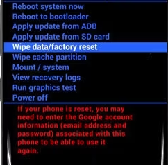 Seleziona Wipe Data/Factory Reset