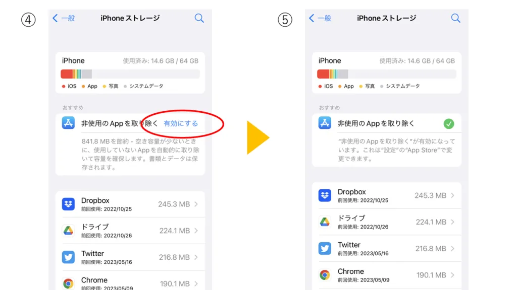 「非使用時のAppを取り除く」を有効にする