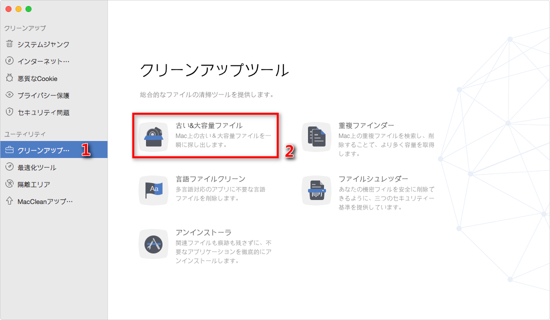 「クリーンアップツール」から「古い&大容量ファイル」をクリック