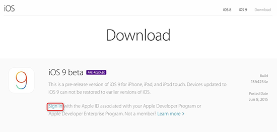 iOS 9 beta版のダンロード