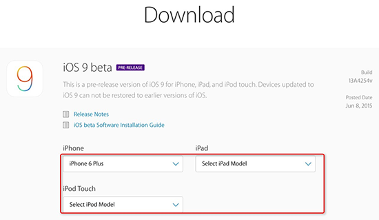 iPhone、iPad、iPod touchのモード番号を選択