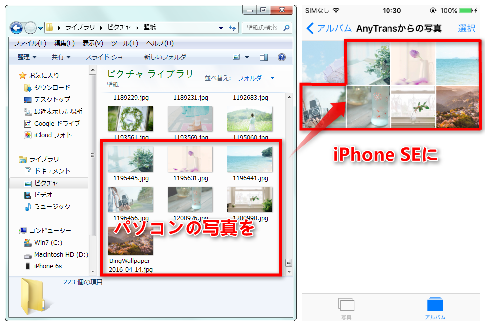 パソコンの写真がiPhone SEに転送された