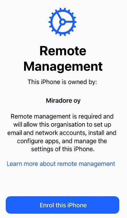 Remote Management scherm tijdens de configuratie van een door een organisatie beheerde iPhone
