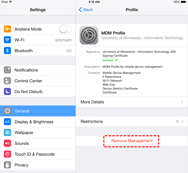 iPhone VPN en apparaatbeheer met optie om een configuratieprofiel te verwijderen