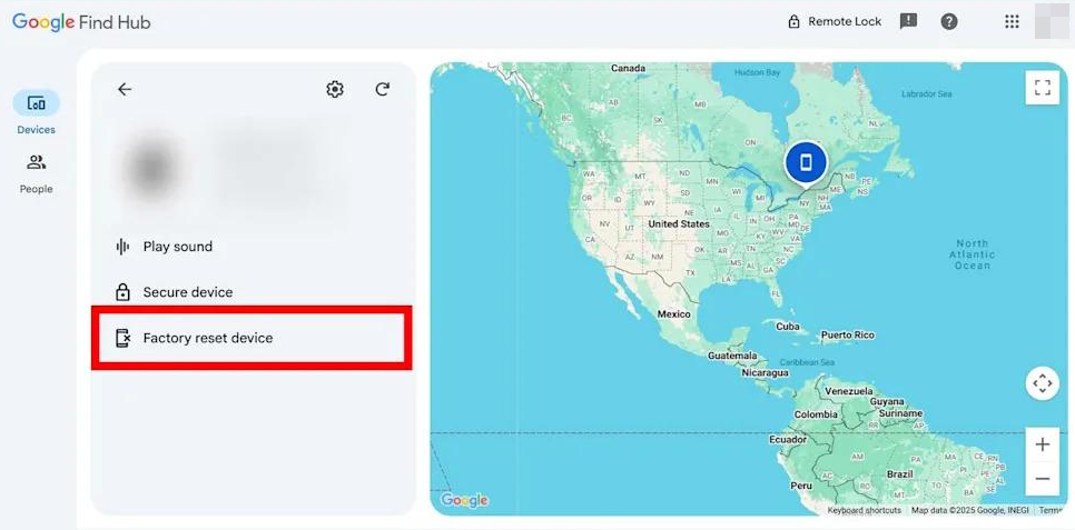 Google Find Hub opties voor het vinden beveiligen en wissen van een Android-apparaat