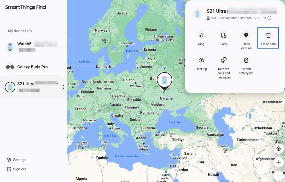 Samsung Find apparaatbeheer met locatie vergrendelen en wissen opties