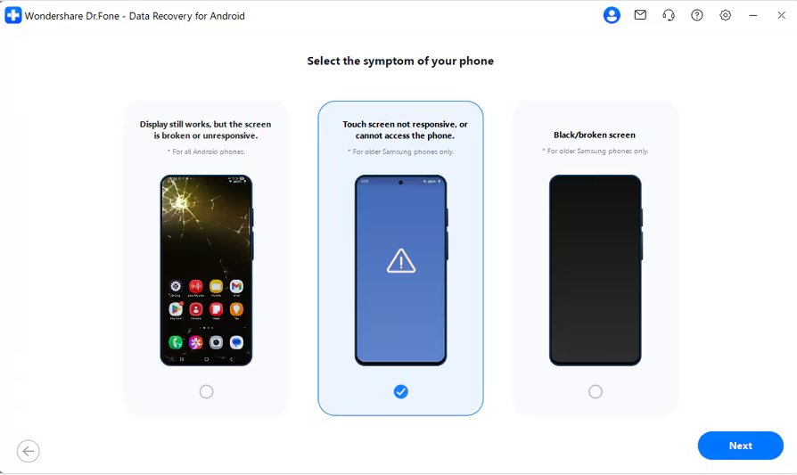 Dr.Fone kırık Android telefon veri kurtarma seçenekleri