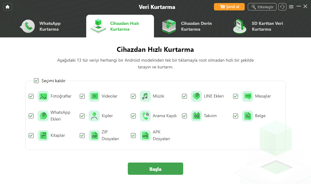 Kurtarmak İstediğiniz Veri Türünü Seçin