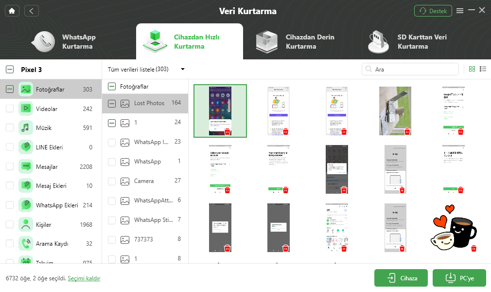 Geri Alınacak Silinen Fotoğrafları Önizleyin ve Seçin