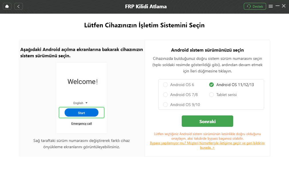 Sistem Sürümünü Seçin ve İleri'ye Tıklayın
