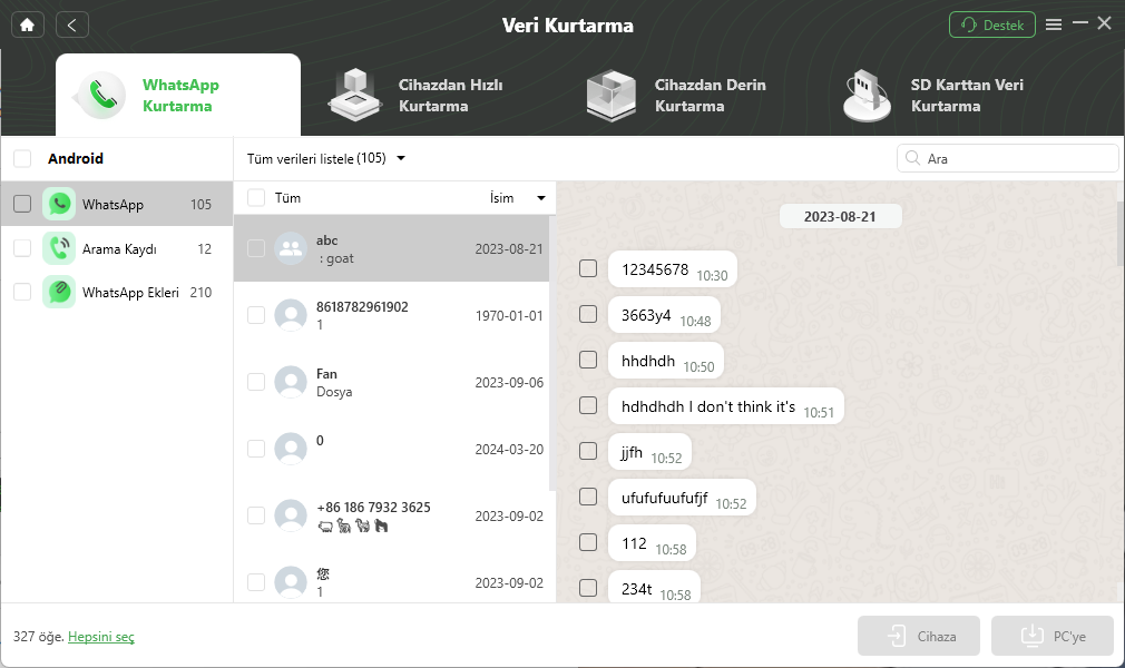 WhatsApp verilerini tarayın