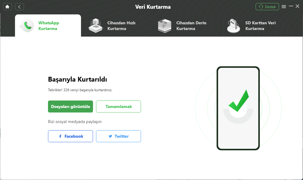 DroidKit WhatsApp kurtarma işlemi sonucu