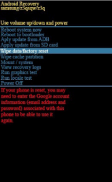Android Recovery Mode Wipe data factory reset seçeneği