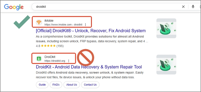 DroidKit Resmi Sitesi VS Taklit Site