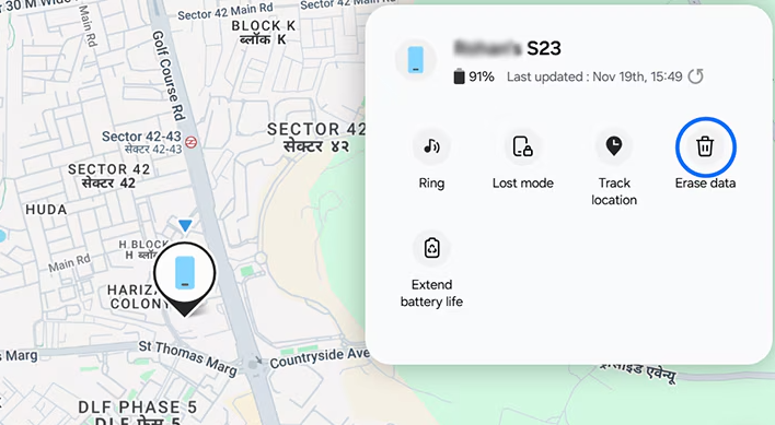 Samsung Find ile Galaxy telefon için Ring, Lost mode, Track location ve Erase data seçenekleri