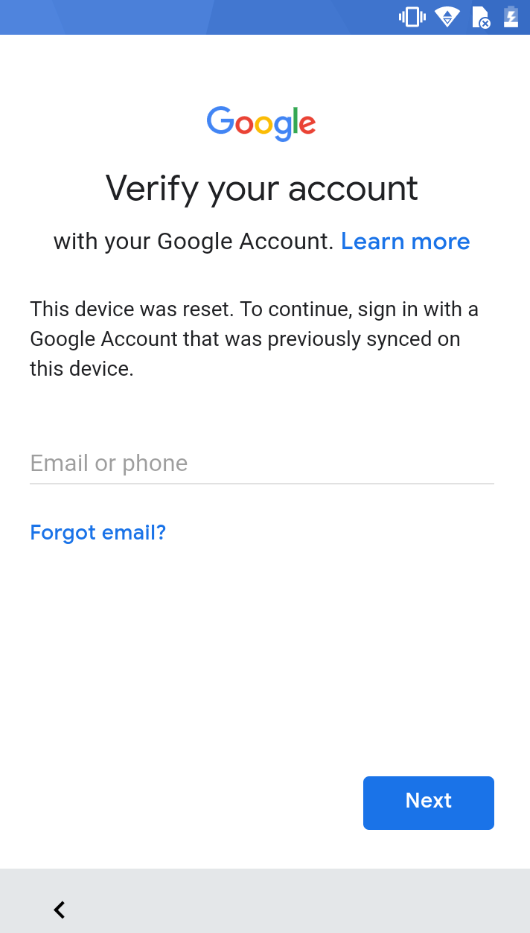 Samsung Galaxy fabrika ayarlarına sıfırlama sonrası Google hesap doğrulama ekranı