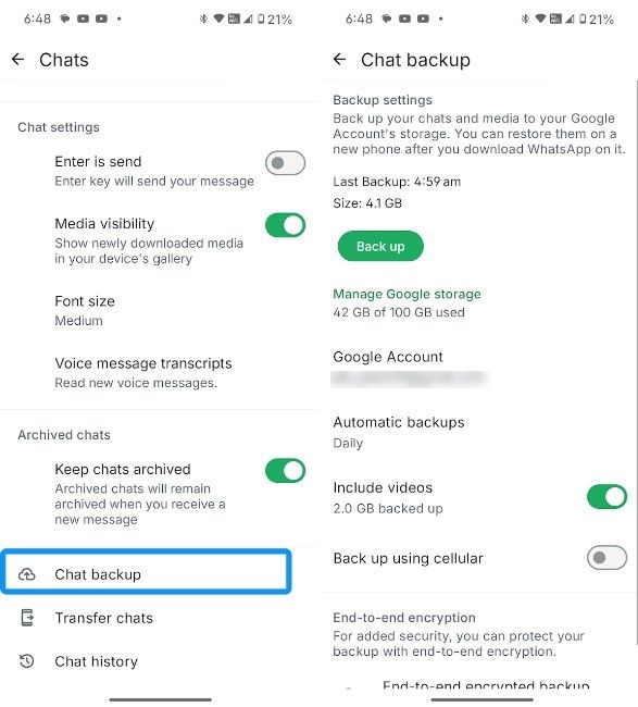 Android'de WhatsApp son yedekleme tarihini ve Google hesabını kontrol etme