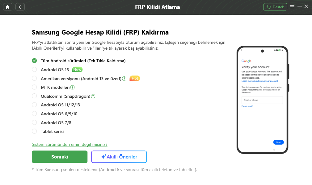 DroidKit FRP cihaz sürümü ve Smart Recommendations seçeneğini kontrol etme