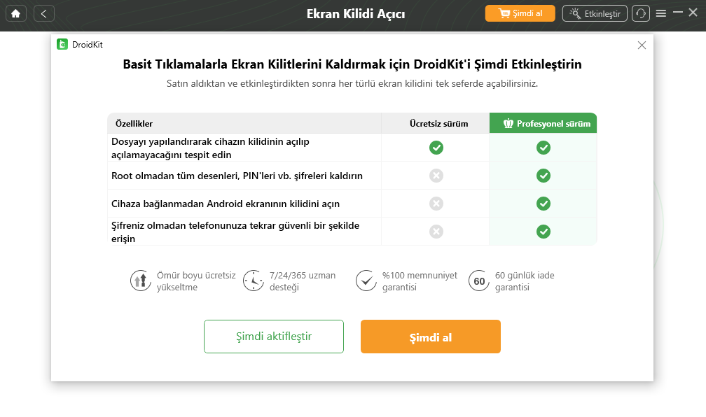 DroidKit ücretsiz sürümünde işlemi tamamlamak için lisans gereken ekran