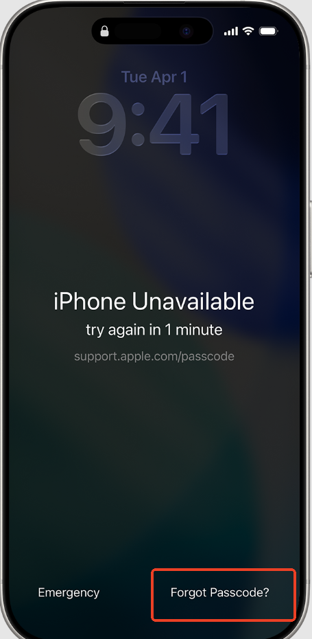 iPhone Unavailable ekranında Forgot Passcode ve önceki parola ile kurtarma seçeneği