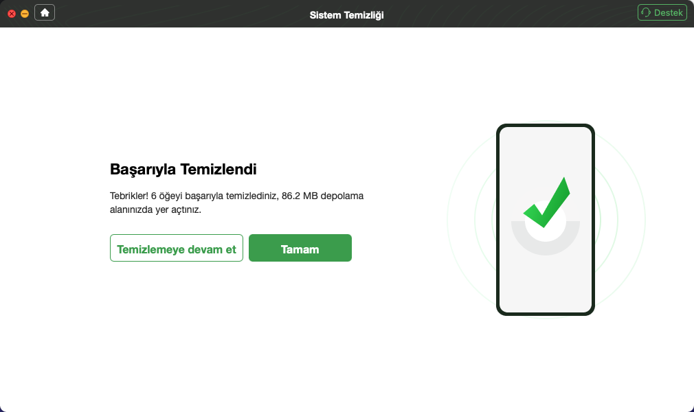 Başarıyla Temizlendi Sayfası