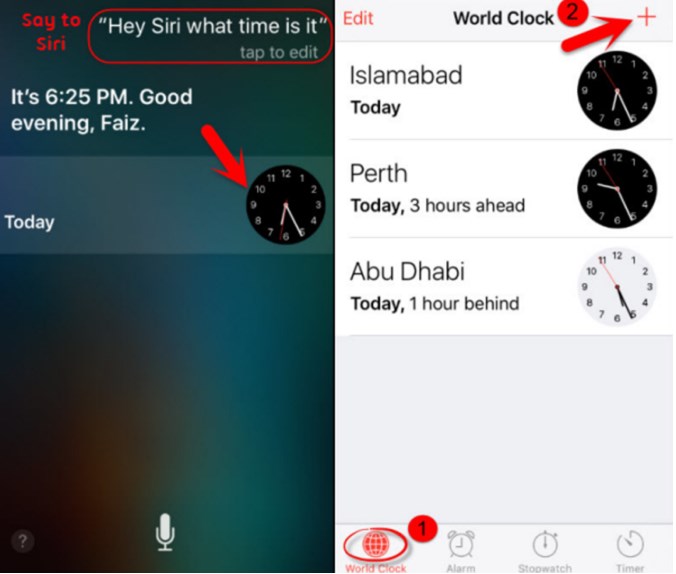 Dünya Saati Arayüzünde Artı üzerine dokunun