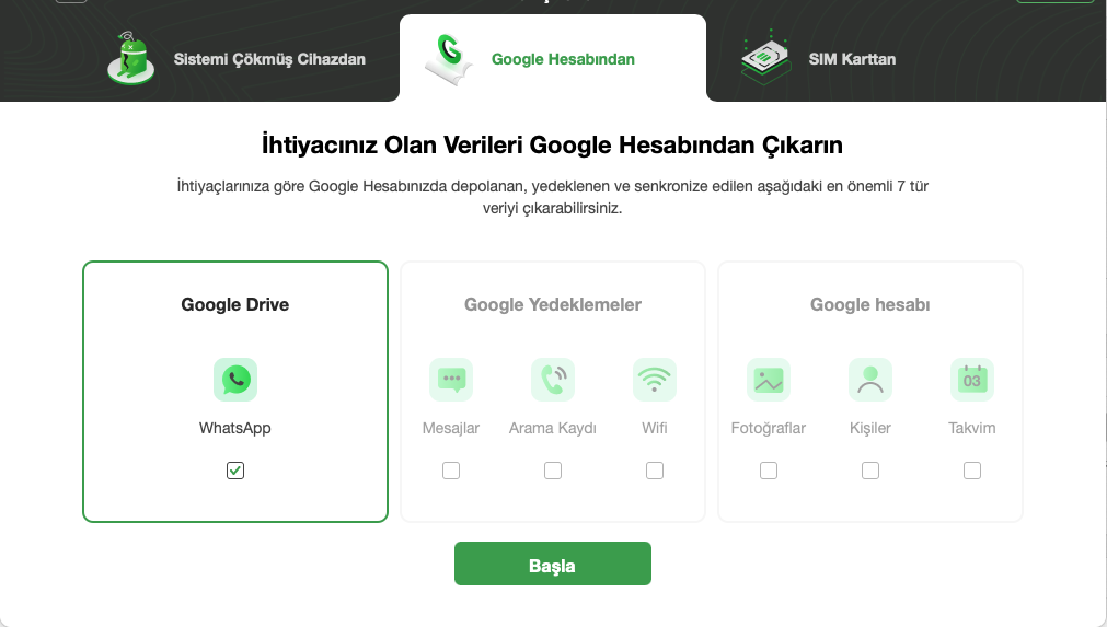 Çöken Telefondan Kurtarılacak Verileri Seçin