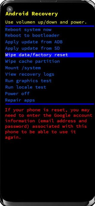 Samsung Galaxy Recovery Mode 的 Wipe data factory reset 選項