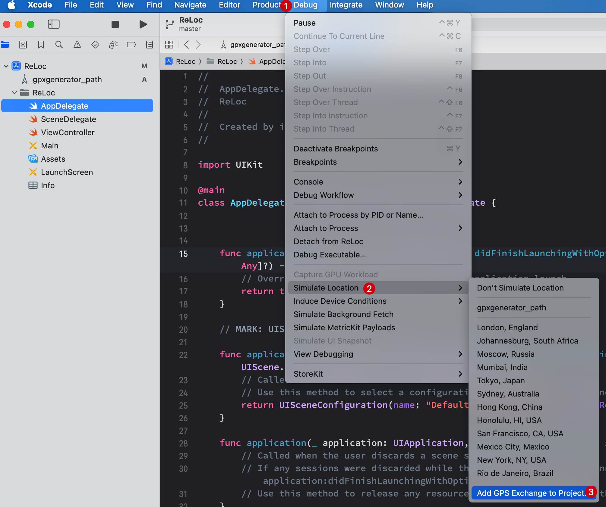 選擇「Debug」>「Simulate Location」