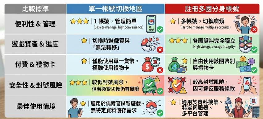 單一帳號切換地區vs註冊多國分身帳號
